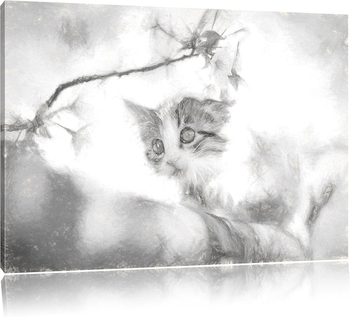 Pixxprint Süsses Kätzchen im Kirschbaum Kunst Kohle Effekt, Format: 100x70 auf Leinwand, XXL riesige