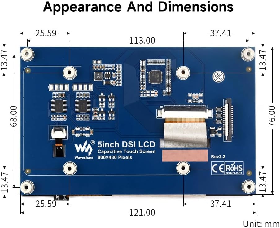 Waveshare 5inch Capacitive 5-Points Touch Display Compatible with Raspberry Pi, Support 800×480 Reso