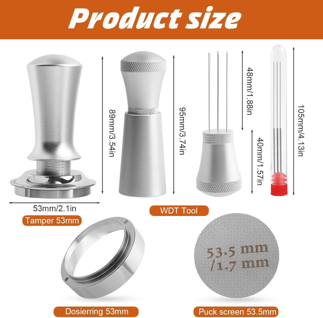 Kaffee Tamper 54mm Set, Aufgerüstet Espresso Tamper set inkl. WDT Tool, Dosierring 54mm, Puck Screen