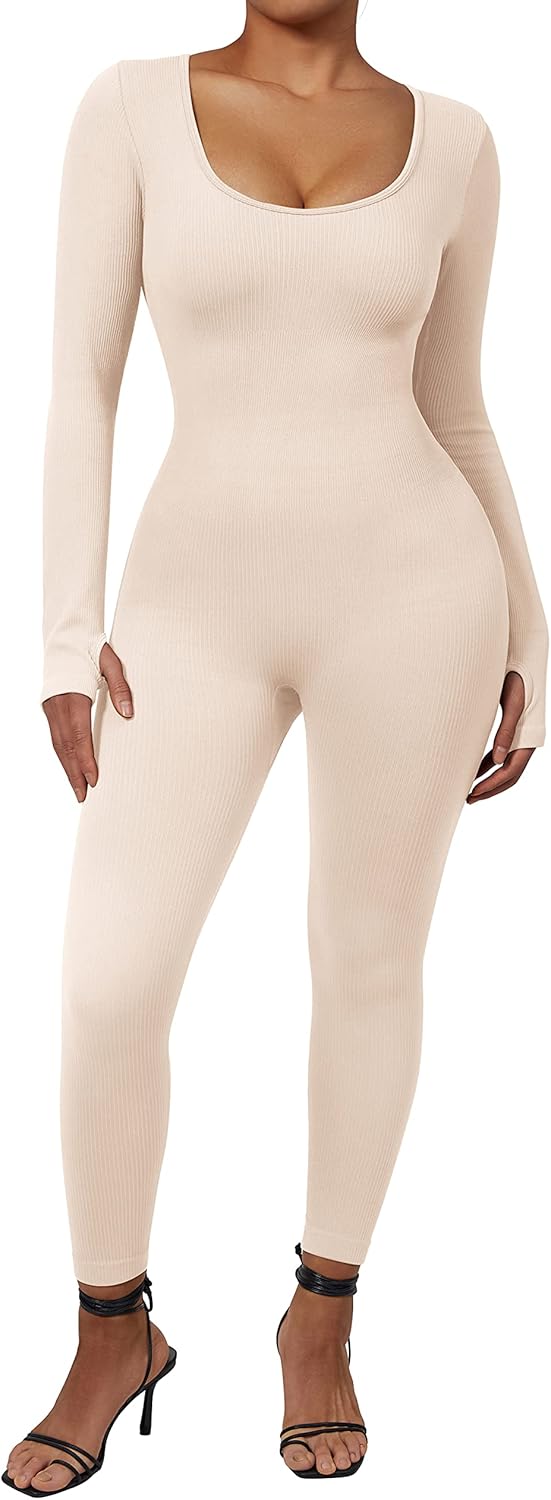 RXRXCOCO Gerippte Langarm Jumpsuits Damen Eng Square Neck Einteiler Bauchweg Sport Yoga Overall Romp
