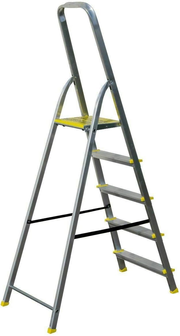 Haushaltsleiter mit 5 Stufen – Profi-Leiter aus Aluminium, 3m Arbeitshöhe, bis zu 120 kg Belastung,