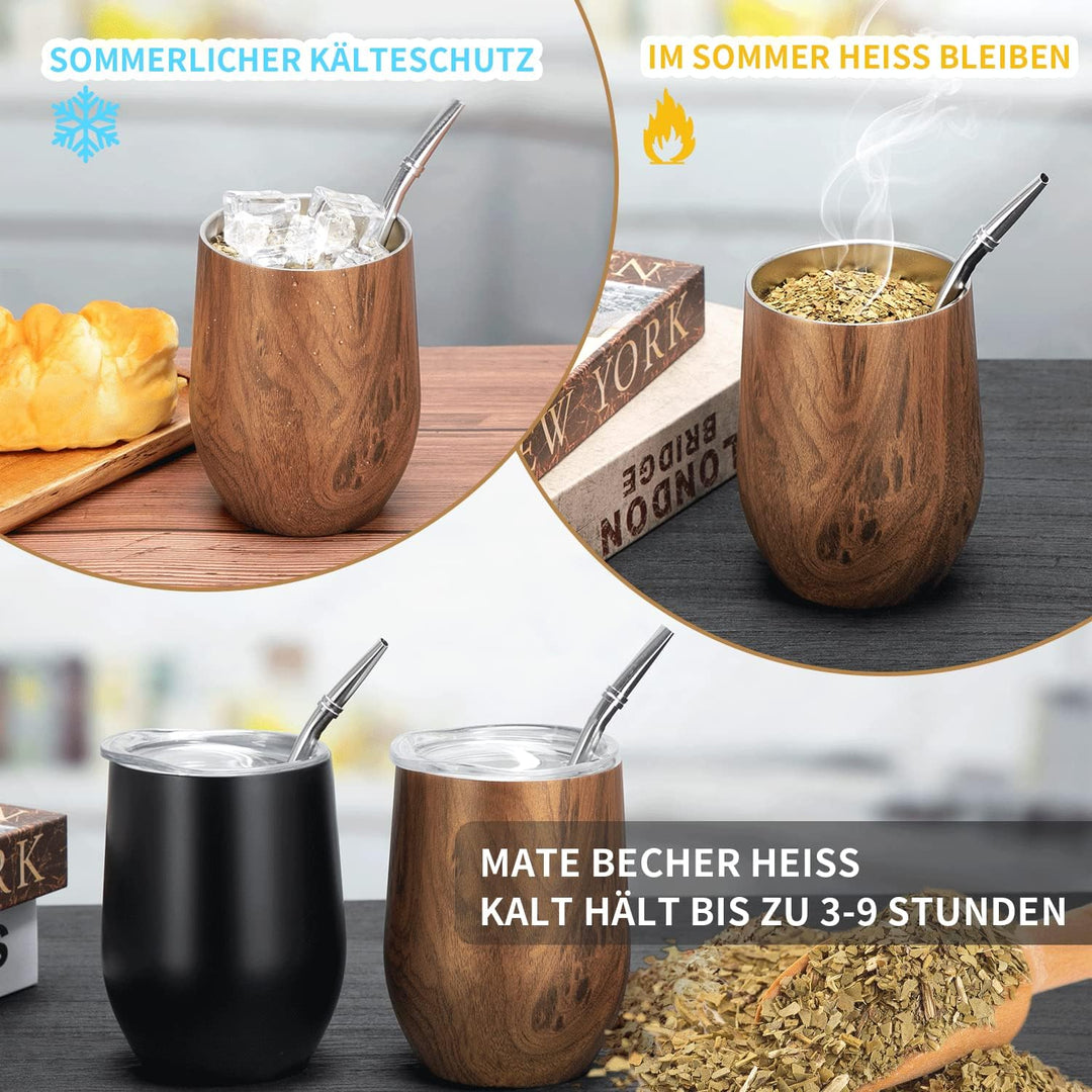 TELANKS Mate Becher, 340 ml Teetassen Set, Edelstahl doppelwand isolier Enthält Bombillas und eine R