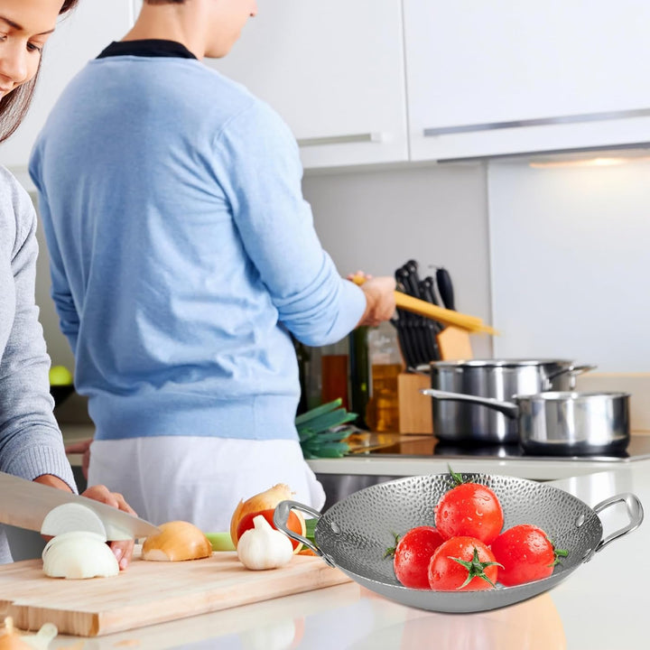 Edelstahl-Wok, 9-Zoll-Mini-Wok mit zwei Griffen, antihaftbeschichteter Wok mit rundem Boden, dicker