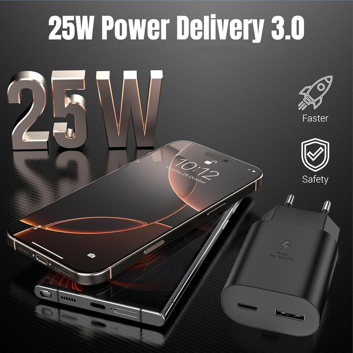 Schnellladegerät Ladeadapter netzteil 25W USB Typ-C 15W USB Typ-A Ladegerät （Schwarz 2 Stück）für: Sa