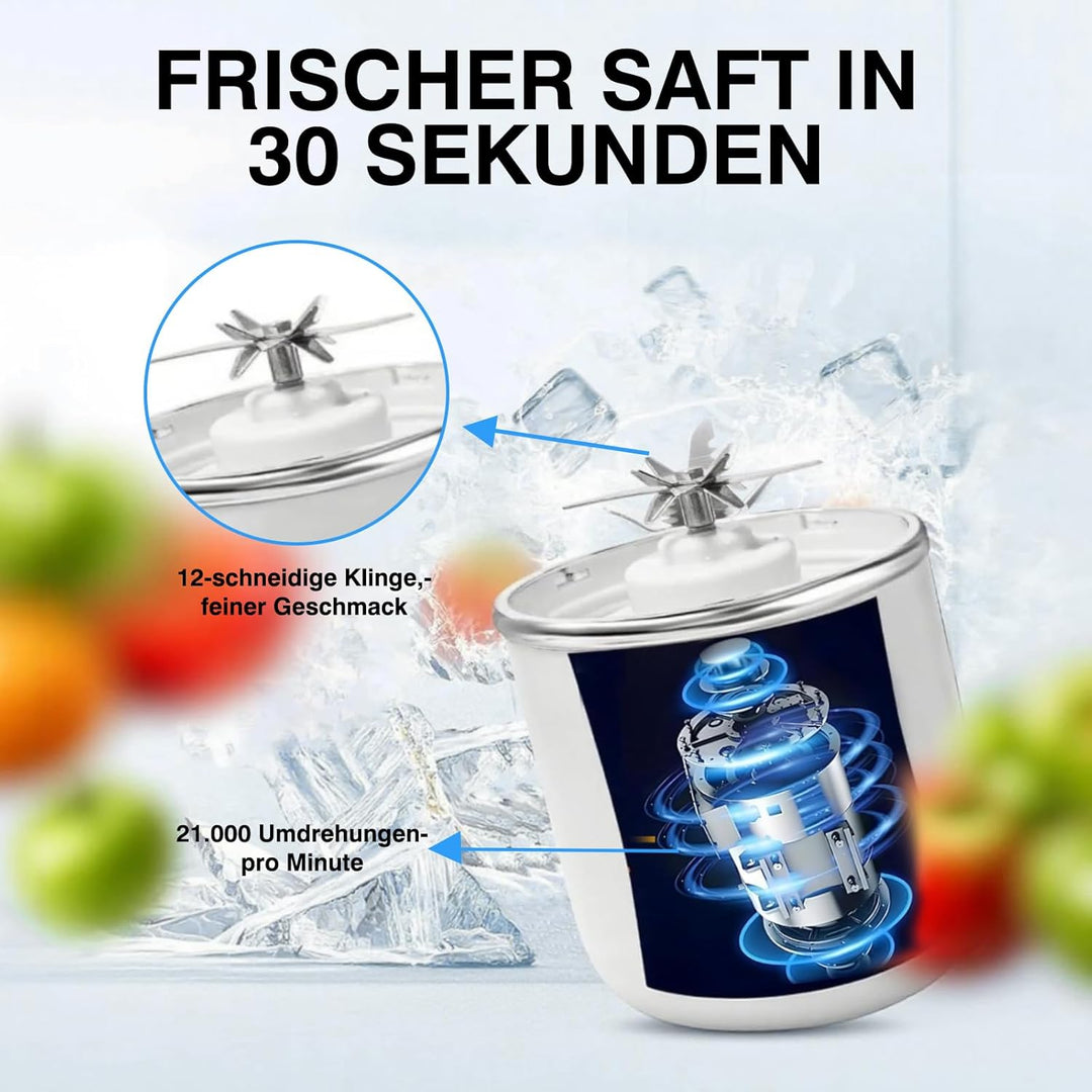 Kompakter USB-Reiseblender mit 700ml Fassung, 12 Edelstahlklingen und Digitalanzeige. Perfekt für Sm