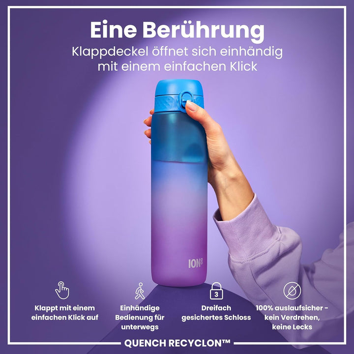 ion8 1 Liter Trinkflasche mit Zeitmarkierungen, Auslaufsicher, Einhandöffnung, Sichere Verriegelung,