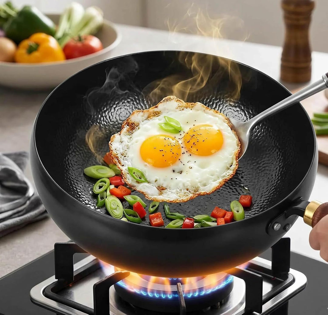 Unbeschichtete Eisenpanne, Eisen Wok, 24cm Hand-Schmiede Antikleber Eisen Pfanne ohne Beschichtung,