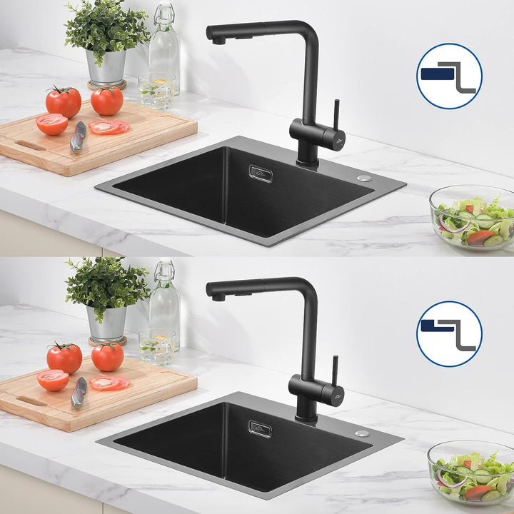 Spülbecken Schwarz 45 x 45 cm, Auralum Spüle Edelstahl Anthrazit 1 Becken, Einbauspüle Schwarz mit H