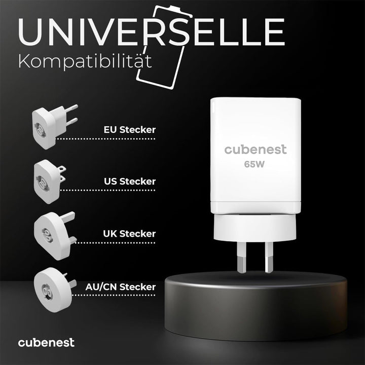 CubeNest 65W Reise PD Ladegerät, 2-Port USB C + USB A, PD 3.0, mit GaN Tech USB C Netzteil, Schnelle