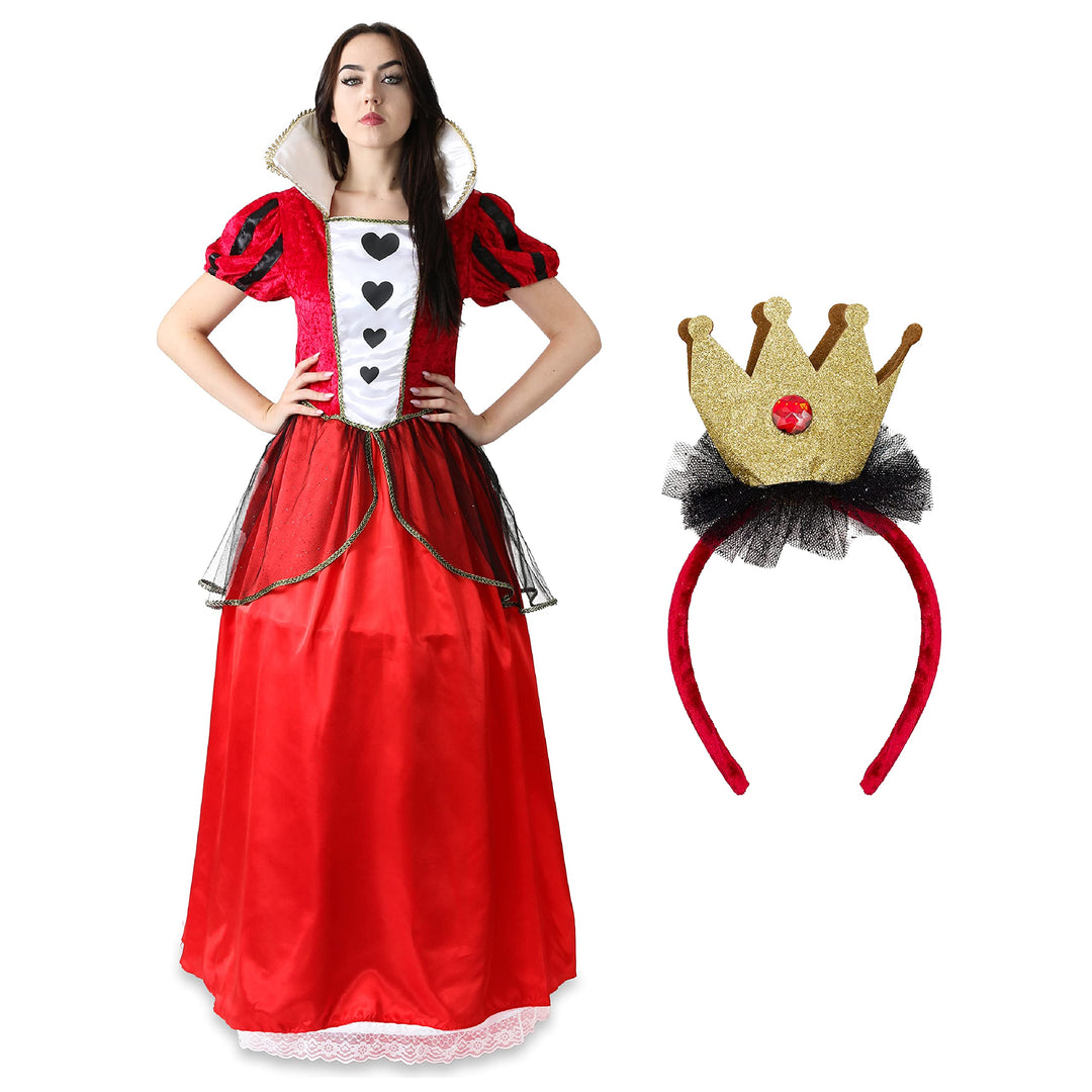 Damen Kostüm Königin der Herzen – X-Large – langes rotes & schwarzes Kleid mit Herzen Dekoration – D
