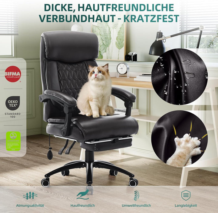 COLAMY Chefsessel Ergonomisch mit Fussstütze, Aufblasbarer Lendenstütze, 117° Kippfunktion, Gepolste