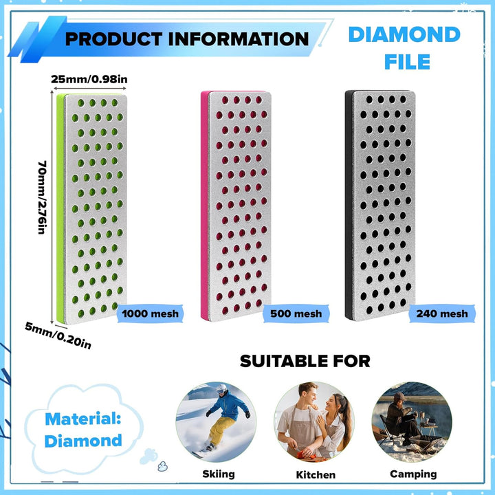 Diamant-Schleifstein-Set 3 Teile (240#/500#/1000#) – Kompakt Tragbar für Skikanten, Messer & Holzwer