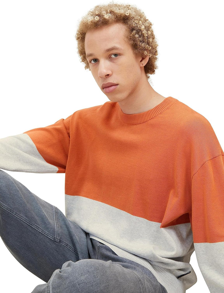 TOM TAILOR Denim Herren Denim Relaxed Fit Colorblock Pullover, 32754 - Rust Grey Color Block