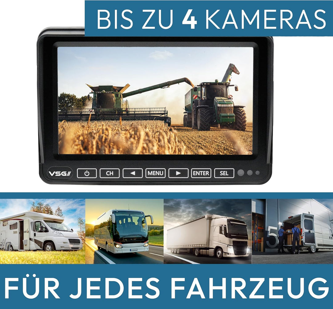 VSG24 – 7“ Quad Excellent HD Transporter Rückfahrmonitor, Heavy Duty, Monitor inkl. Zubehör, e-Zulas