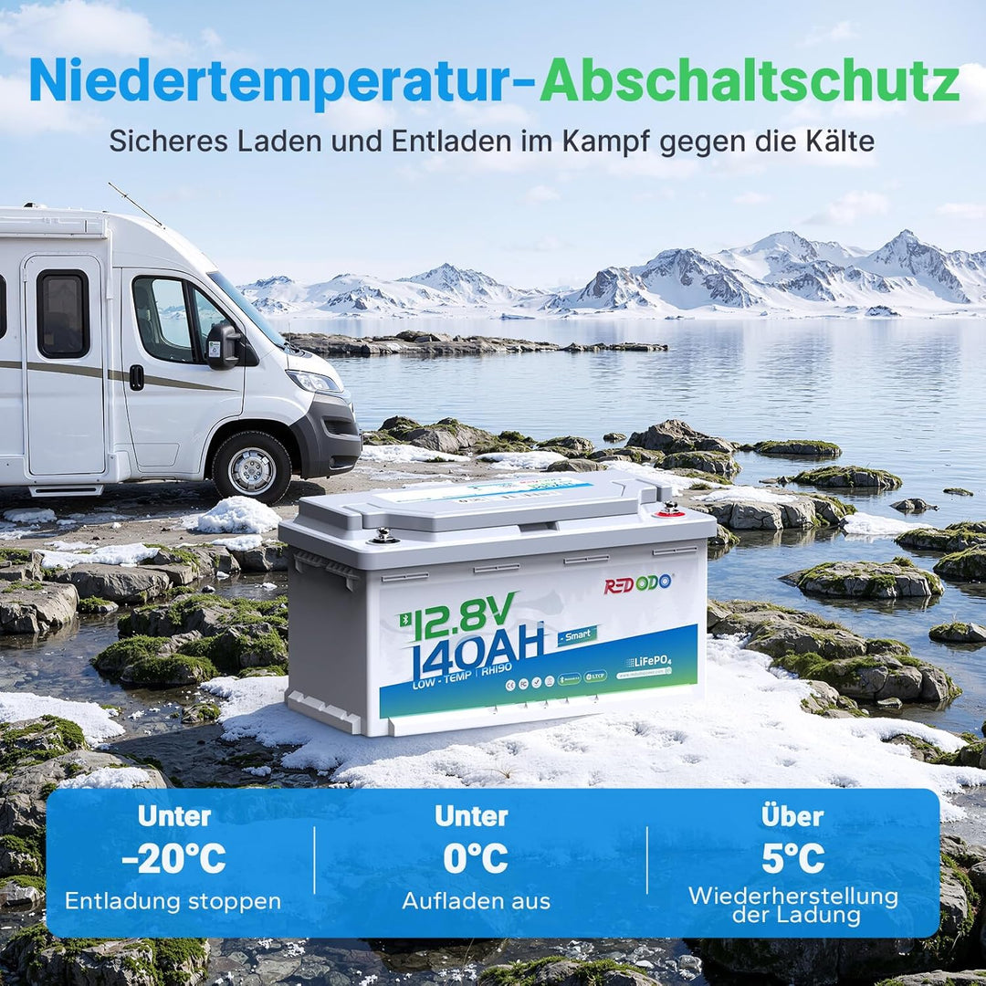 Redodo 12V 140Ah H190 Bluetooth Untersitz-LiFePO4 Batterie mit 12V 10A Lifepo4 Batterieladegerät, 17
