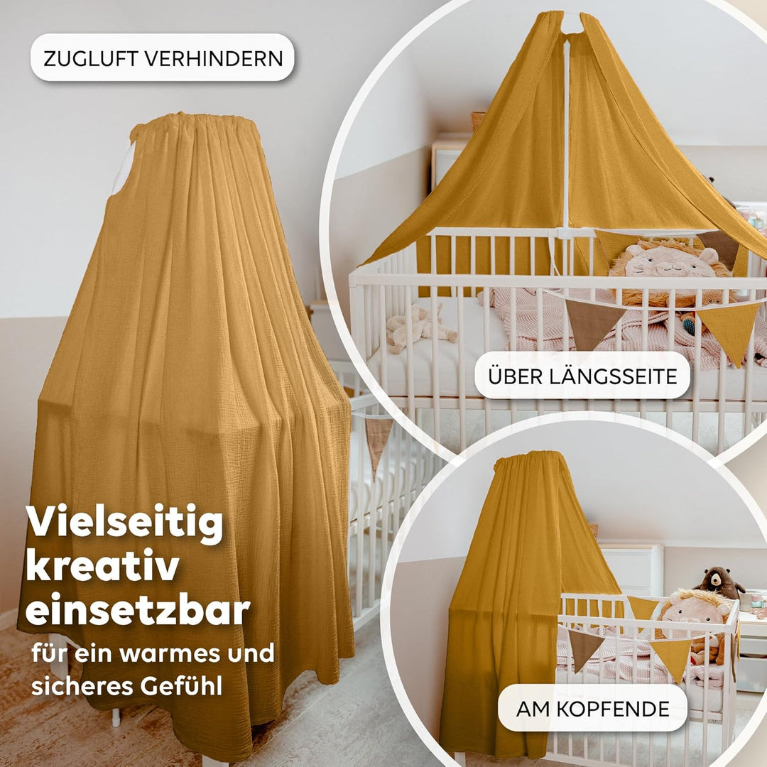 Betthimmel Babybett mit Gold Applikation in 12 Farben [inkl. Himmelstange] - Himmel Babybett aus 100