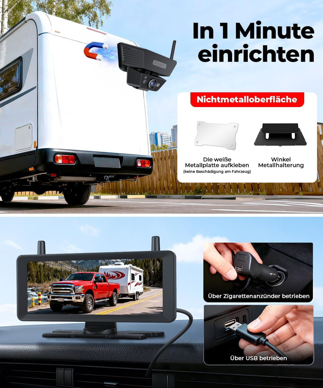 Solar Rückfahrkamera Kabellose 7,2 Zoll 1080P HD : Split Screen Monitor mit Starkem Signal Schnelle