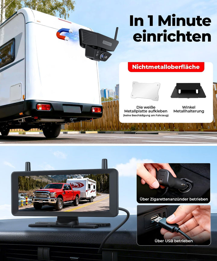 Solar Rückfahrkamera Kabellose 7,2 Zoll 1080P HD : Split Screen Monitor mit Starkem Signal Schnelle