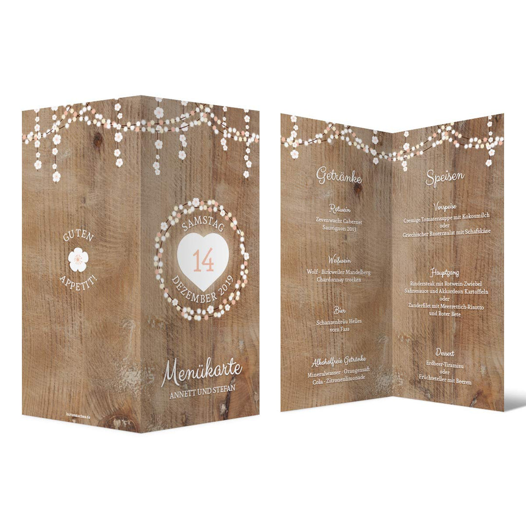 10 x Menükarten Hochzeit Menü individuell Klappkarten Speisekarten Getränkekarten - Holz Lichtgirlan