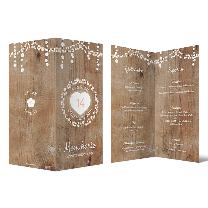 10 x Menükarten Hochzeit Menü individuell Klappkarten Speisekarten Getränkekarten - Holz Lichtgirlan