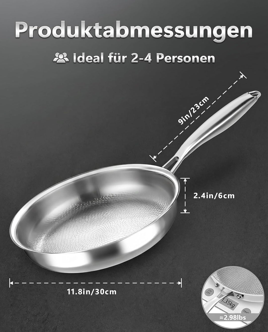 Edelstahlpfanne 30 cm,Titan Pfanne Edelstahl Unbeschichtet,5-Lagige Edelstahl Bratpfanne Induktion,