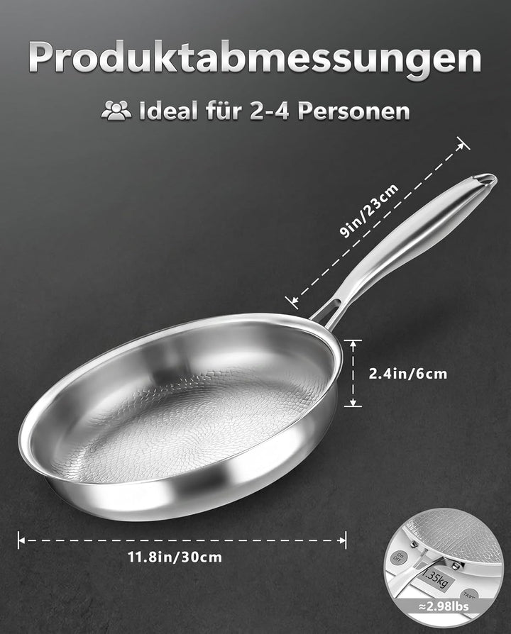 Edelstahlpfanne 30 cm,Titan Pfanne Edelstahl Unbeschichtet,5-Lagige Edelstahl Bratpfanne Induktion,