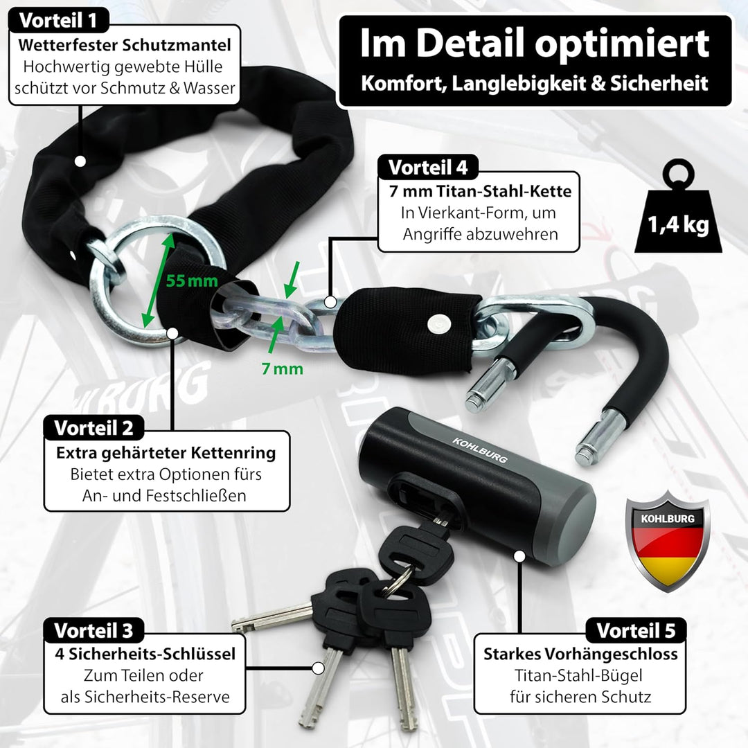 KOHLBURG Sicheres Kettenschloss [7mm starke Titan-Stahl Kette, mit extra Ring, 85cm lang] - Fahrrads