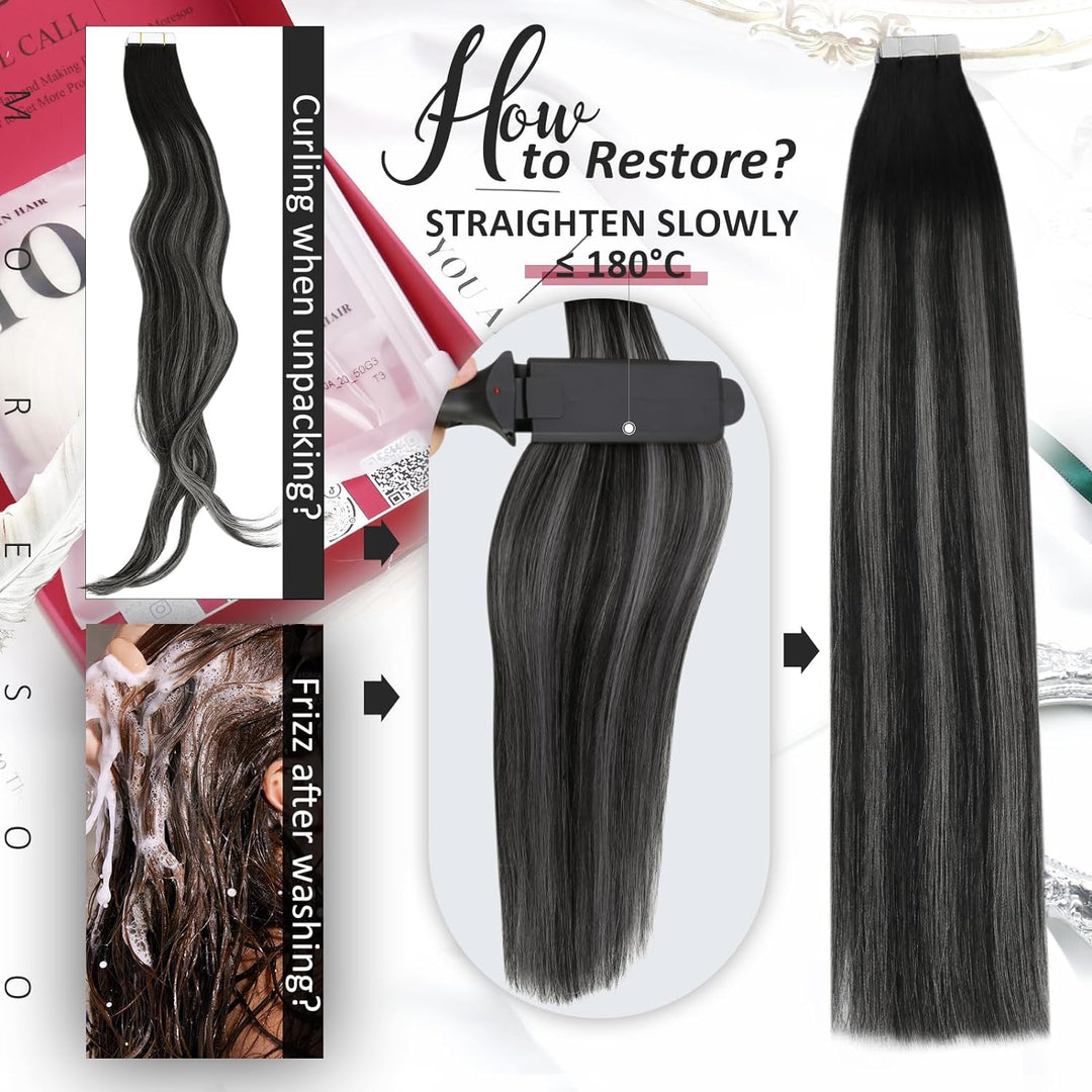 Moresoo Tape Echthaar Extension Schwarz Ombre Invisible Tape in Extensions Echthaar Schwarz bis #Sil