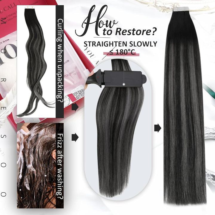 Moresoo Tape Echthaar Extension Schwarz Ombre Invisible Tape in Extensions Echthaar Schwarz bis #Sil