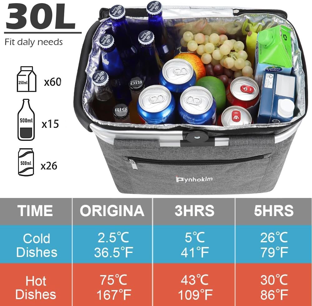 Pynhoklm®30L Einkaufskorb mit Kühlfunktion Tragekorb Faltbar Picknickkorb mit Deckel Klappkorb Therm