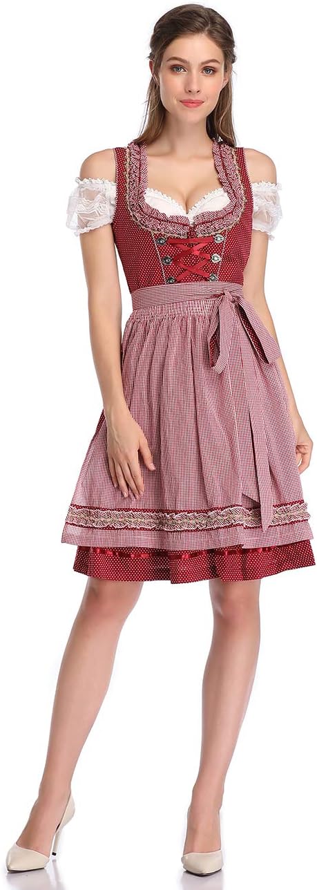 KOJOOIN Trachtenkleid Damen Dirndl Kurz Midi 3tlg. für Oktoberfest-DREI Teilig: Kleid, Bluse, Schürz