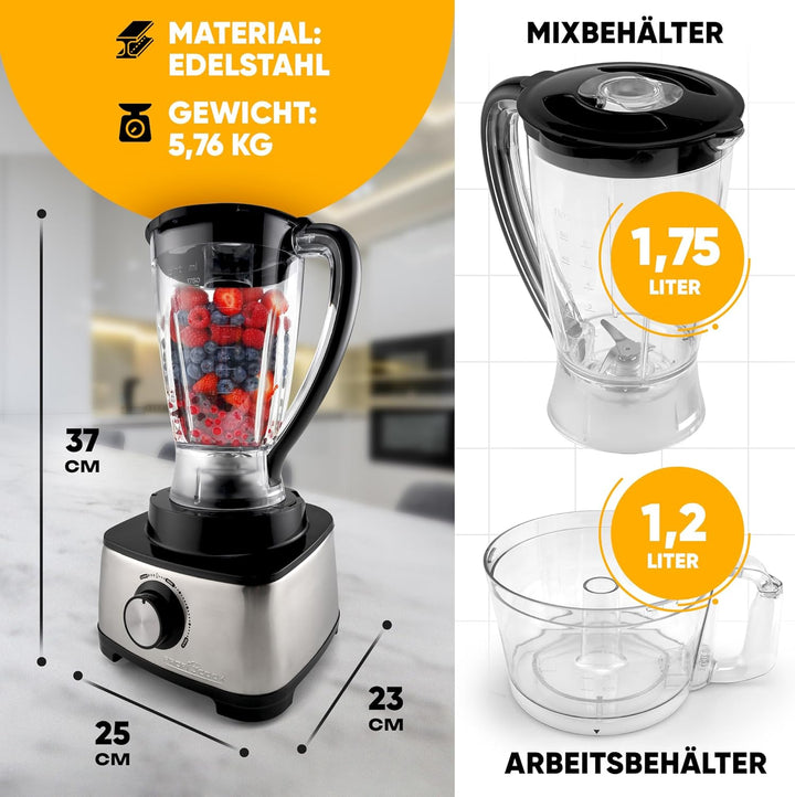 ProfiCook PC-KM 1063 Kompakt-Küchenmaschine m. Edelstahlgehäuse, schneiden kneten mixen, Zitruspress