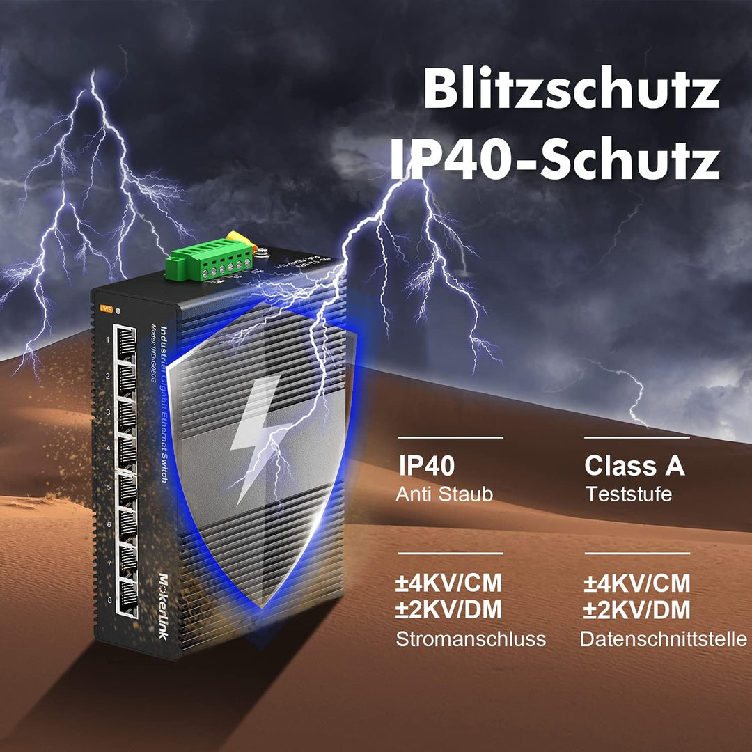 MokerLink 8 Port Gigabit Industrial DIN-Rail Ethernet Switch Hutschiene, 16Gbit/s Schaltkapazität, I