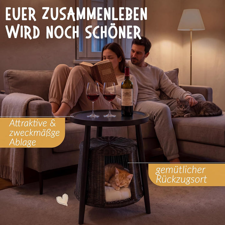 Petigi Katzentisch Beistelltisch Rattan Katzenhöhle Katzenbett Couchtisch | aus Holz und Rattan, Sch