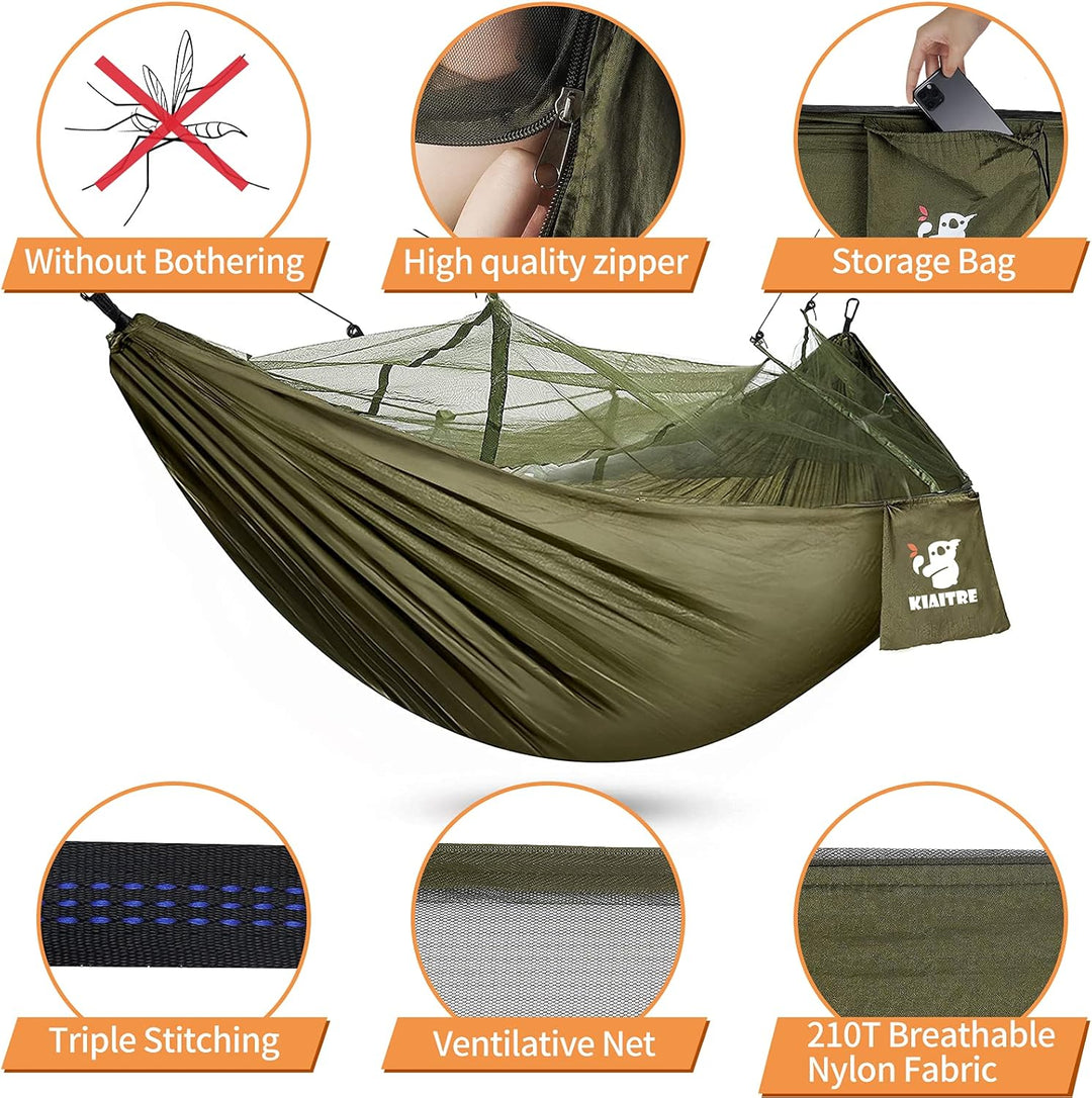 Kiaitre Hängematte, Hängematte Outdoor mit Moskitonetz - 260 x 130 cm Leichte Nylon Hängematte für R