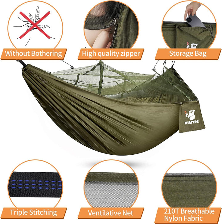 Kiaitre Hängematte, Hängematte Outdoor mit Moskitonetz - 260 x 130 cm Leichte Nylon Hängematte für R
