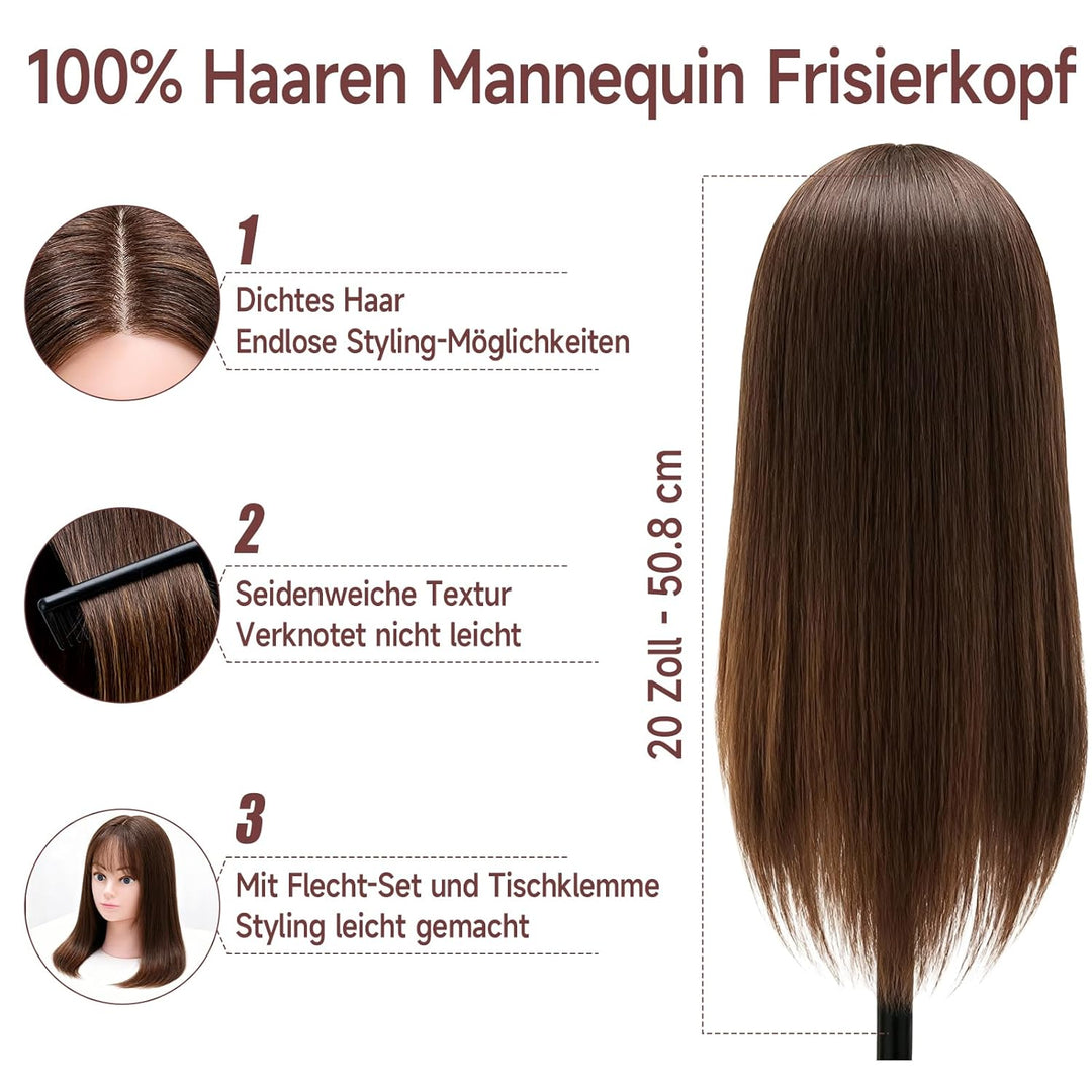 TwoWin Friseurkopf mit Haaren, 20 Zoll (50.8 cm) 100% Echthaar Mannequin Kopf, Übungskopf Haar Frise