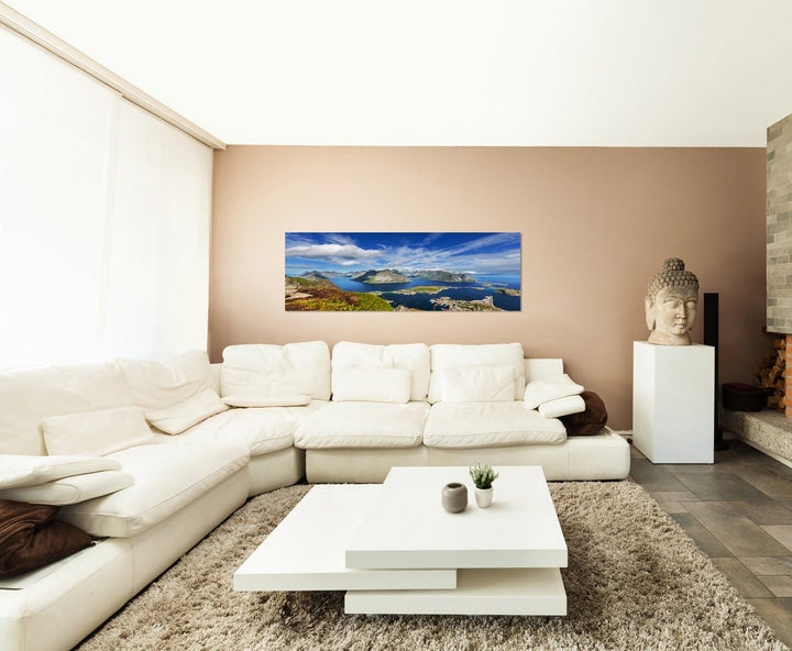 Paul Sinus Art Panoramabild auf Leinwand und Keilrahmen 150x50cm Norwegen Lofoten Berge Wasser Wolke