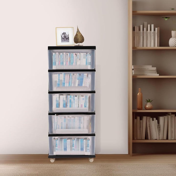 Kunststoff Schubladenbox, 5-stöckiges Kunststoff-Schubladenregal, Transparente Rollcontainer, Griffe