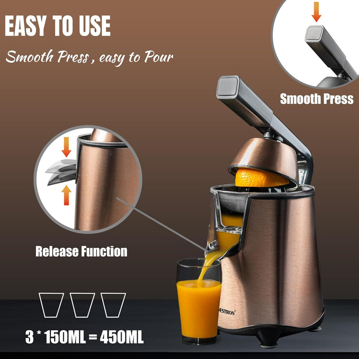 Bestron elektrische Saftpresse, Orangenpresse mit Auslauf-Stopp Funktion & edelstahl Fruchtfleischsi