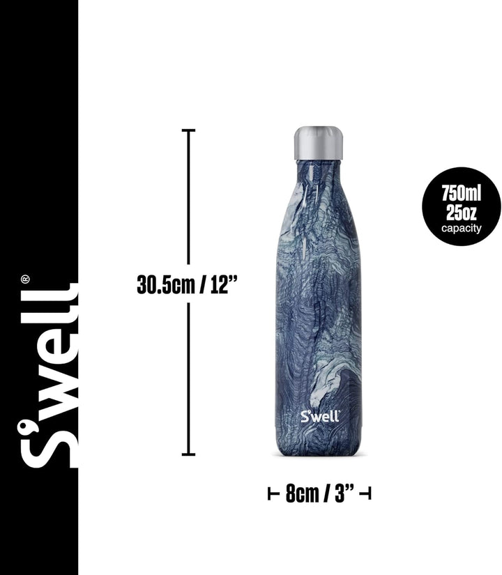 S'well Wiederverwendbare Trinkflasche aus Edelstahl, 750 ml, Azurit-Marmor, dreifach isolierte und a