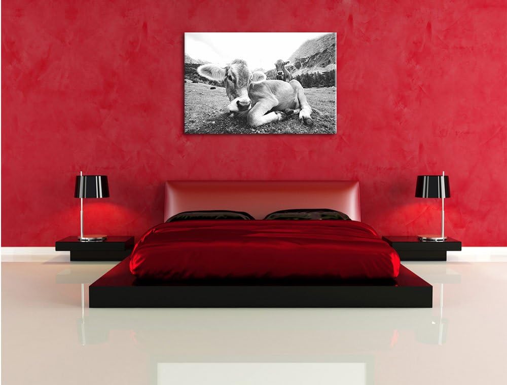 Pixxprint Almkuh in den Bergen als Leinwandbild/Grösse: 100x70 cm/Wandbild/Kunstdruck/fertig bespann