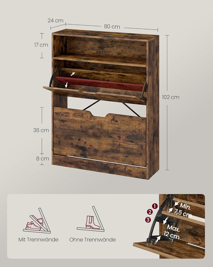 VASAGLE Schuhschrank 2 Klappen, Schuhkipper, Schuhregal, Schuhaufbewahrung, offenes Fach, Trennwand