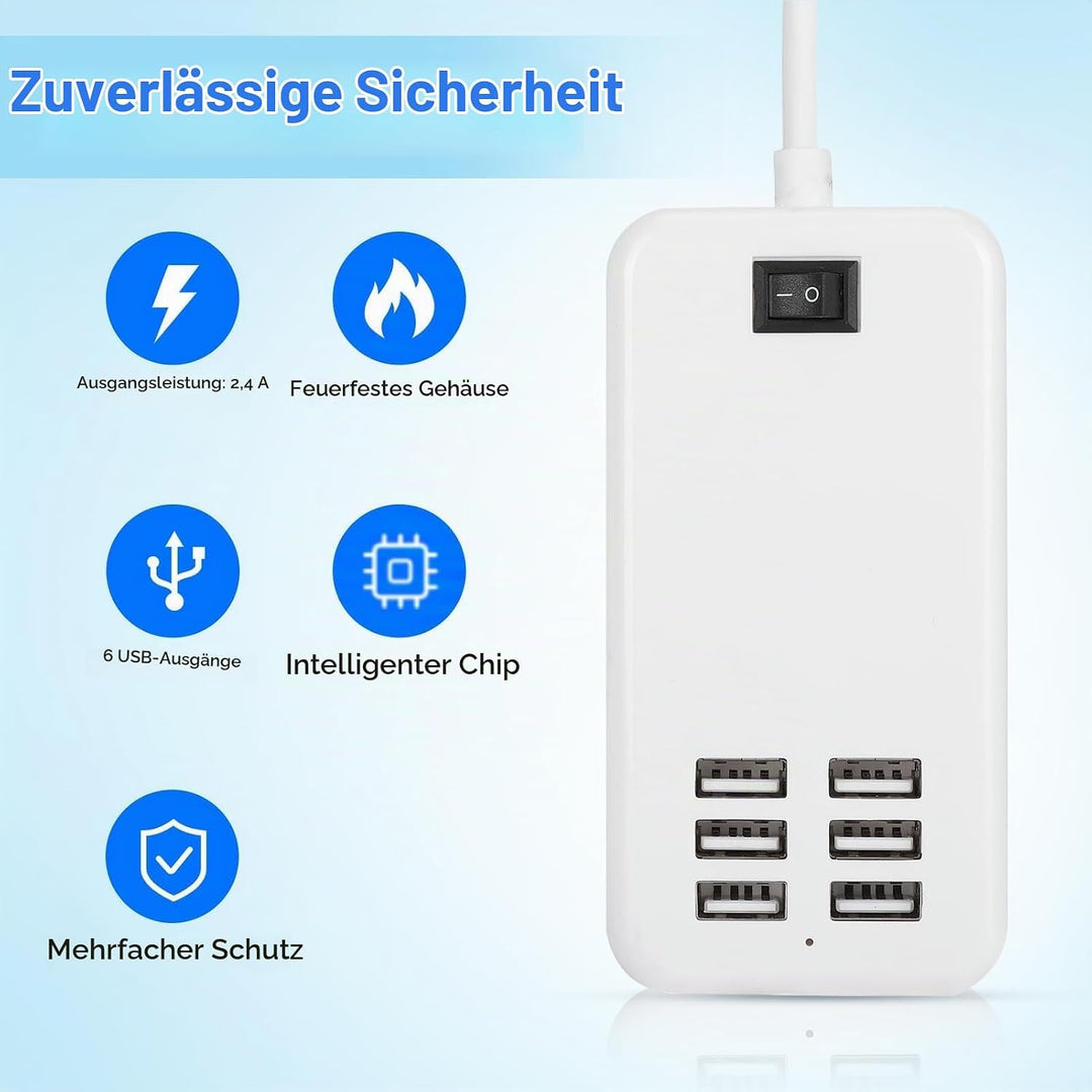 USB Ladestation, 30W 2A 100-240V USB Ladehub mit 6 Anschlüssen USB Ladeanschlüsse Überhitzungsschutz