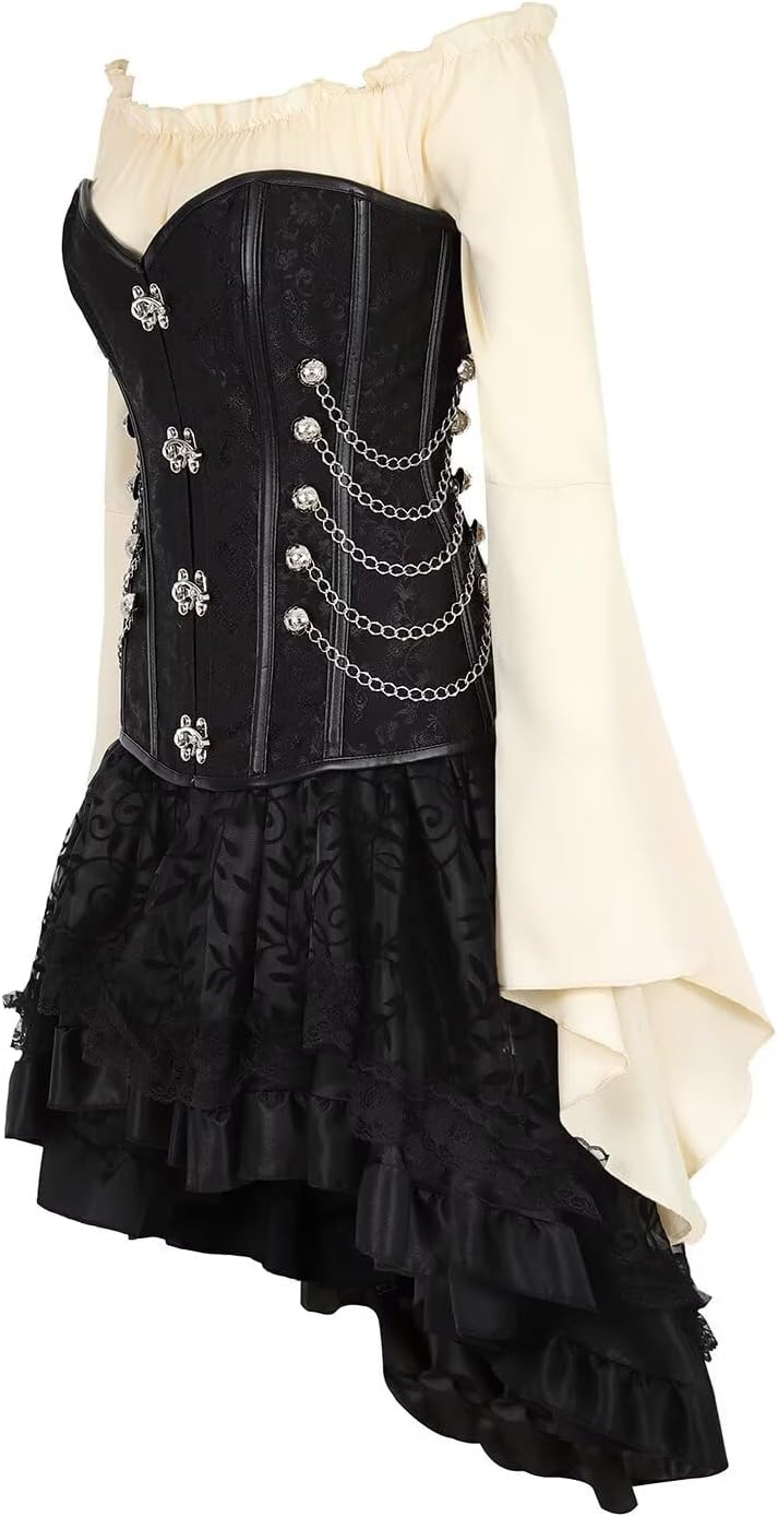 corsagenkleid Steampunk Korsett Kleid Pirat Leder Bustier Spitze Kostüm Burlesque Damen Gothic elega