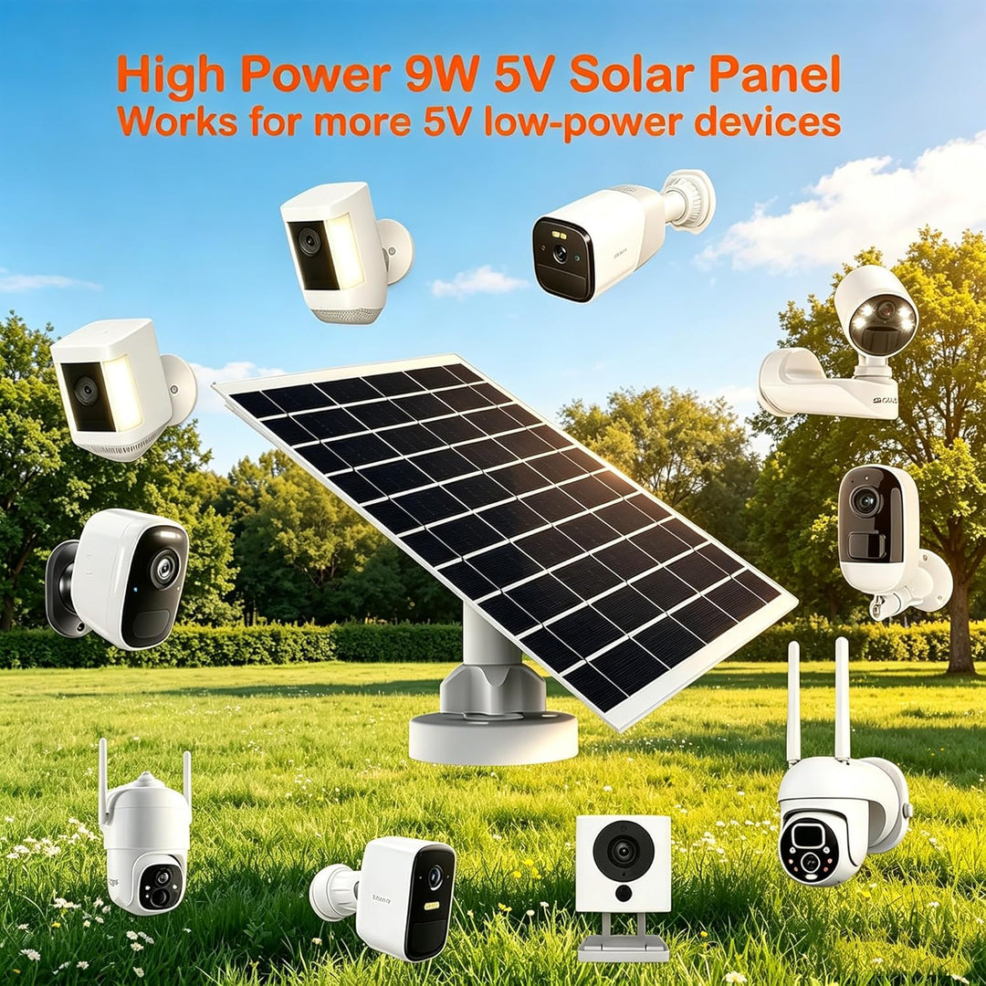 9W/5V Solarpanel für Überwachungskamera mit 4m, 3-in-1-Ladekabel (Micro-USB,Typ-C und DC 3,5 x 1,35