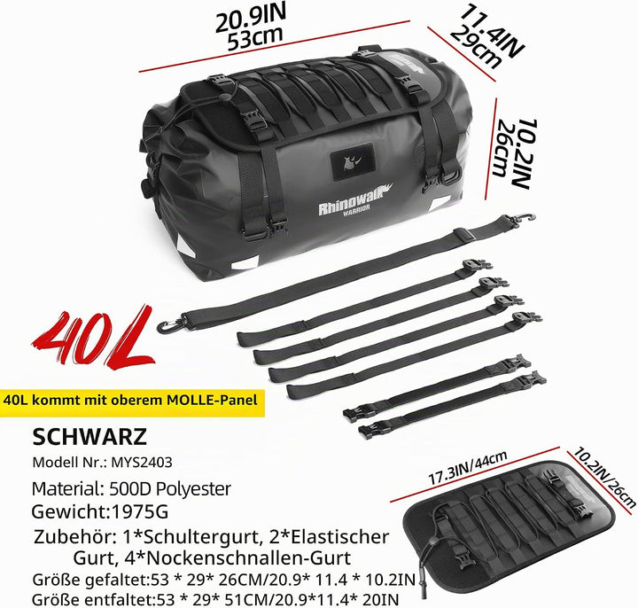 Rhinowalk Motorrad Hecktasche 40L – wasserdichte Gepäcktasche mit Erweiterungs-Panel, MOLLE-System &amp;