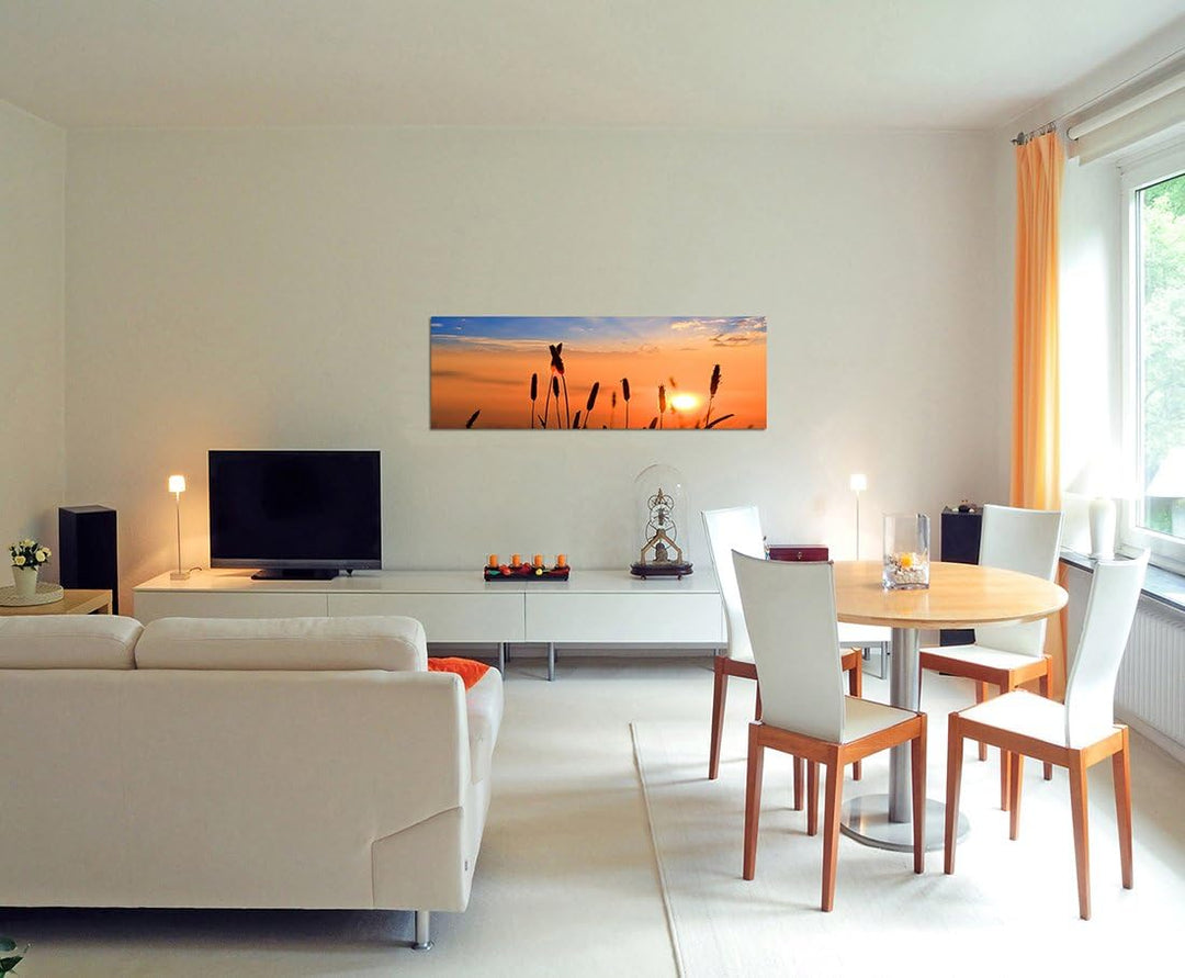 Paul Sinus Art Panoramabild auf Leinwand und Keilrahmen 150x50cm Getreide Feld Sommer Sonnenuntergan