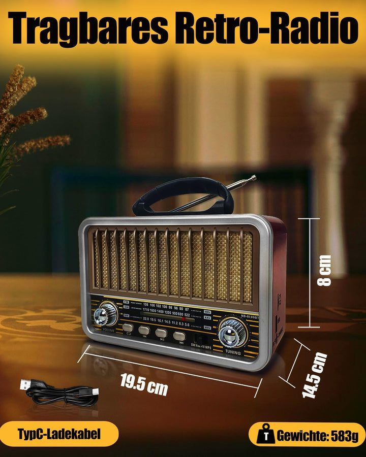 Retro Radio mit Bluetooth, AM/SW/FM Tragbares Radio Klein, UKW Radio Batteriebetrieben Unterstützung