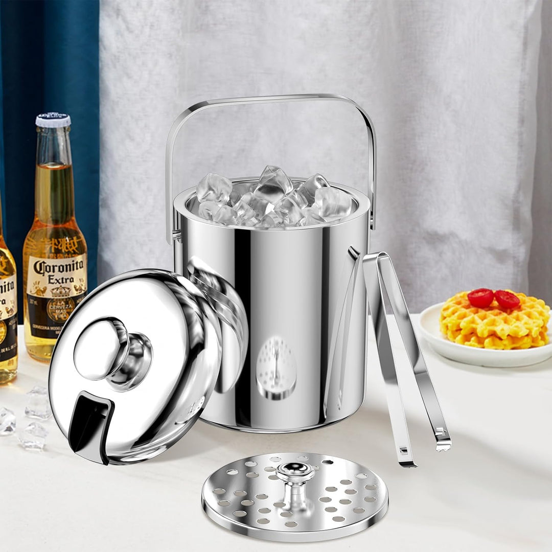 1.3L Eiswürfelbehälter, Edelstahl Eiskübel mit Luftdichtem Deckel, Sieb und Eiszange, Doppelwandiger